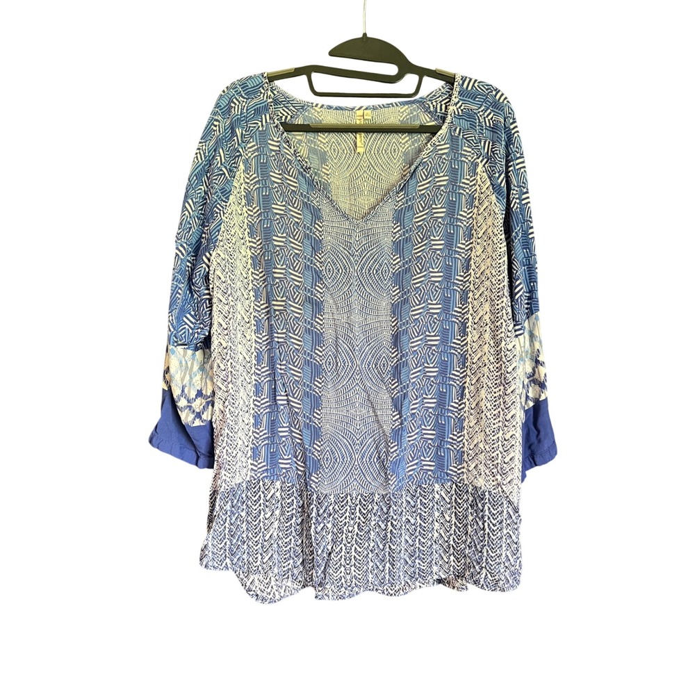 Grand & Greene Womens Blue Geometric Ikat Print V-Neck Rayon Tunic Top Large